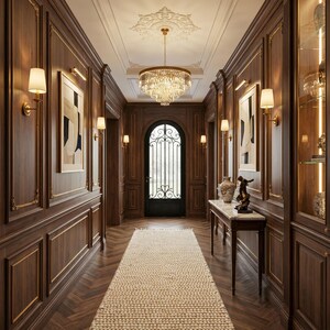 Pode incluir: Um corredor luxuoso com pain&eacute;is de madeira escura, detalhes dourados e um tapete creme. O espa&ccedil;o apresenta um lustre de cristal, arandelas e obras de arte. Uma mesa decorativa com uma escultura e vasos &eacute; vis&iacute;vel.