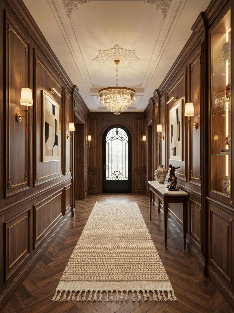 Pode incluir: Um corredor luxuoso com pain&eacute;is de madeira escura, detalhes dourados e um tapete creme. O espa&ccedil;o apresenta um lustre de cristal, arandelas e obras de arte. Uma mesa decorativa com uma escultura e vasos &eacute; vis&iacute;vel.