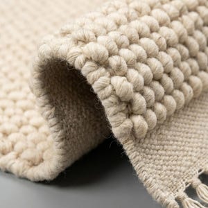 Pode incluir: Close-up de um tapete bege tecido com um padr&atilde;o texturizado em relevo. O tapete tem uma borda enrolada e um detalhe de franja. A cor neutra e o design t&aacute;til sugerem um item de decora&ccedil;&atilde;o para casa.
