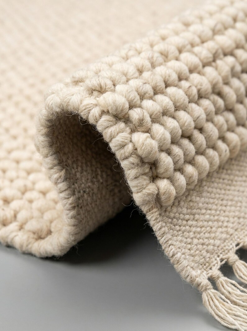 Pode incluir: Close-up de um tapete bege tecido com um padr&atilde;o texturizado em relevo. O tapete tem uma borda enrolada e um detalhe de franja. A cor neutra e o design t&aacute;til sugerem um item de decora&ccedil;&atilde;o para casa.