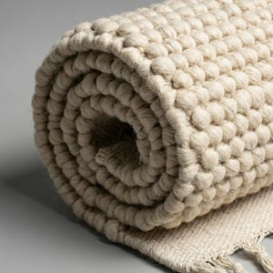Pode incluir: Tapete bege enrolado com uma superf&iacute;cie texturizada e em la&ccedil;o. O tapete tem uma base tecida com franjas. A cor neutra e a superf&iacute;cie t&aacute;til sugerem um item de decora&ccedil;&atilde;o para casa em fibra natural e aconchegante.