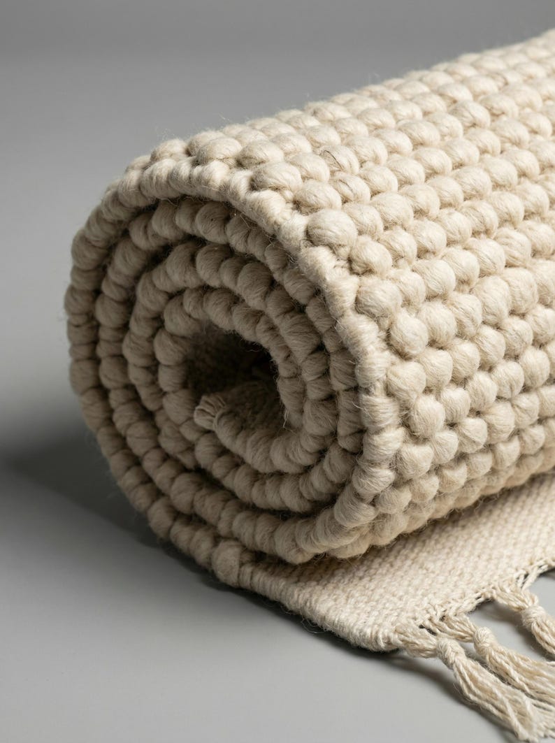 Pode incluir: Tapete bege enrolado com uma superf&iacute;cie texturizada e em la&ccedil;o. O tapete tem uma base tecida com franjas. A cor neutra e a superf&iacute;cie t&aacute;til sugerem um item de decora&ccedil;&atilde;o para casa em fibra natural e aconchegante.