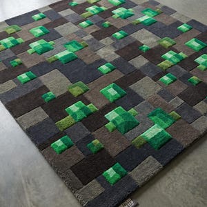 Smaragdmalminspirerad matta, pixelkonstmatta, geometrisk spelmatta, handtuftad statementmatta, modern spelinredning