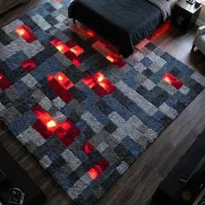Mine Inspired Rug, Pixel Art Area Rug, Geometric Gaming Carpet, Modern Hand Tufted Statement Rug, Gamer Room Decor