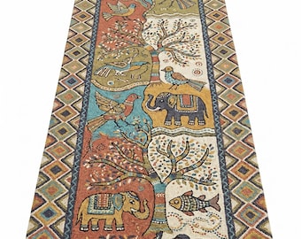 Handgeknüpfter Wollteppich, Oushak Teppich Läufer, Kelim Teppich, Elefant Vogel Fisch Teppich, Geometrisches Stammesdekor GOND THEMA(uralt)