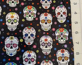 Day of Dead Sugar Skulls Flowers on Black fabric by Melrose Fabrics - 1/2 yard
