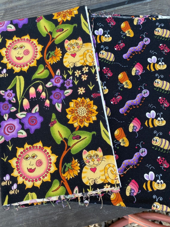 Garden Kitty and Bugs Fat Quarter novelty fabric - 2 pieces