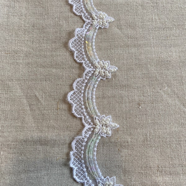 9 yards - Embroidered Beaded White Bridal Wedding Scalloped Sequin Lace 2” drop