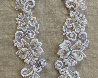 Lot of 2 Lace bodice neckline appliqué white beaded sequins Embroidered 90s lace #5