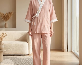 Blush Pink Cotton Gauze Japanese Kimono Wrap Pajama Set