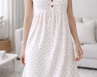 Women's Floral Cotton Gauze Nightgown | Women's Cotton Crepe Floral Loungewear | Women's Cotton Sleepwear Dress