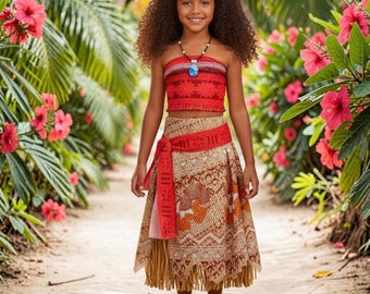 Moana Princess Dress for Girls • Kids Vaiana Costume Set • Cosplay Outfit with Necklace Headpiece • Birthday Party Dress