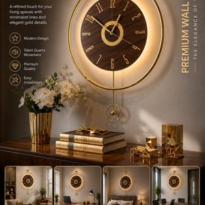 Op de afbeelding: Een ronde wandklok met een goudkleurig metalen frame en een donkere houten wijzerplaat met gouden cijfers. De klok is voorzien van een slinger, geïntegreerde led-achtergrondverlichting en de tekst MODERN DESIGN PREMIUM WALL CLOCK.