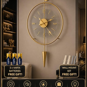 Orologio da parete in metallo dorato con pendolo al quarzo silenzioso, moderno e di lusso, perfetto per arredare la casa, ideale per soggiorno, ufficio o come regalo. Orologio di grandi dimensioni.