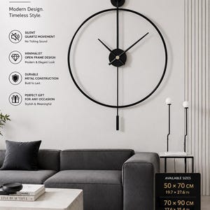 May include: A black metal wall clock with an open circular frame, central hands, and a vertical pendulum. Text includes MINIMALIST WALL CLOCK, Modern Design, Timeless Style, and available sizes of 50 x 70 cm and 70 x 90 cm, with imperial equivalents.