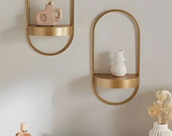 Estantería de pared ovalada de metal dorado / Estantería de pared flotante minimalista moderna hecha a mano / Estantería de almacenamiento de pared de lujo / Decoración elegante para el hogar, baño y cocina