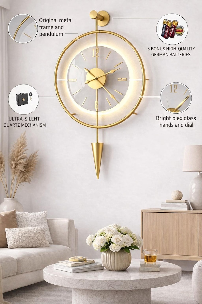 Gold Metal Wall Clock With Pendulum Silent Quartz Modern Luxury ...