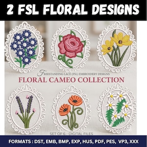 FSL Blommig Cameo Broderimönster Bundle, Fristående Spetsörhängen, Nätsömshörn (Digital Nedladdning)
