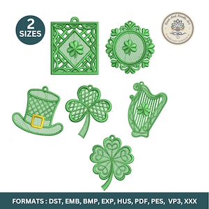 May include: Green embroidery designs featuring St. Patrick's Day themes. Includes a square with a shamrock, a round frame with a shamrock, a leprechaun hat, a shamrock, a harp with a shamrock, and a three-leaf clover. The designs are labeled with "2 SIZES".
