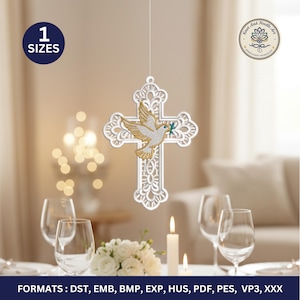 May include: A white, ornate cross pendant with a gold and white dove carrying an olive branch. The cross is suspended in front of a table setting with candles and wine glasses. The text "1 SIZES" is in a blue circle.