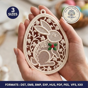 May include: An off-white Easter egg-shaped embroidery featuring a rabbit and floral design. The design includes the text "3 SIZES" and "Knot And Needle - EMBROIDERY WORKSHOP". The embroidery is available in multiple formats.
