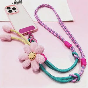 Crochet Flower Phone Lanyard, Adjustable Crossbody Strap, Boho Macrame Phone Charm