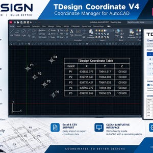 May include: TDesign Coordinate V4 software interface for AutoCAD 2027, displaying a coordinate table with points P1 through P5, X, Y, and Z values, a side panel for point operations, and a list of features including Excel and CSV support.