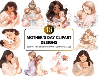 Muttertag Aquarell Clipart Bundle, Mutter Tochter Sohn Designs (16 PNG)