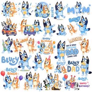 Puede incluir: Una colección de pegatinas de personajes de Bluey en varios poses, con texto que incluye "¡Feliz cumpleaños!", "Mamá", "Papá" y "Hija". Las pegatinas presentan a Bluey, Bingo y otros personajes.