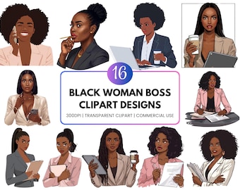 Schwarze Frau Boss Clipart Bundle, African American Business Woman PNGs