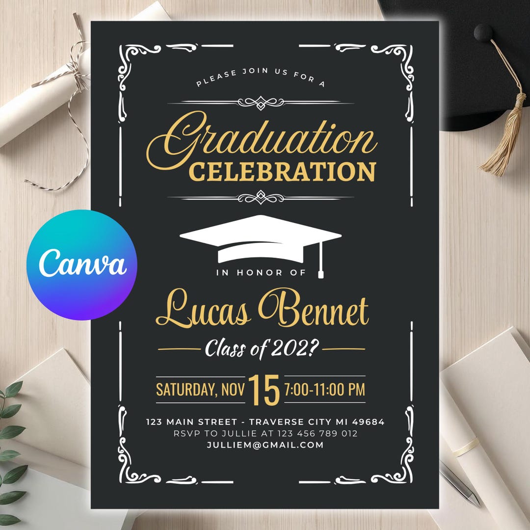 Black and Gold Graduation Invitation Template, Class of 2026 (canva ...