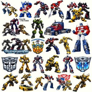 May include: A selection of Transformers toys and logos in various poses and designs. The robots are in red, blue, yellow, green, and black. The image includes the Transformers logo and a semi-truck.