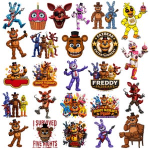 May include: A selection of vibrant cartoon character images, featuring bears, bunnies, and a fox, with the text "Freddy Fazbear's Pizza." Some characters hold microphones or musical instruments. Other images include the text "I Survived Five Nights."