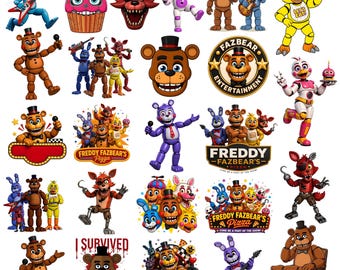 Paquete de imágenes PNG de Five Nights at Freddy's, personajes de FNAF en formato PNG, diseños de sublimación de juegos de terror, Freddy Fazbear en formato PNG, descarga digital a 300 DPI.