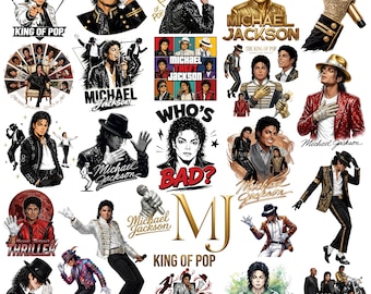 King of Pop PNG-Bundle 25 Designs, 80er Jahre Musiklegende Sublimation, MJ inspiriert Retro Sänger Clipart, Vintage Pop Star Shirt PNG