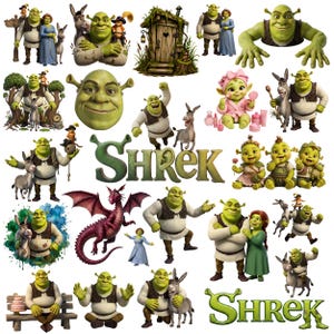 May include: A selection of images featuring characters from the film 'Shrek', including Shrek, Fiona, and Donkey. The images showcase different poses and scenes, with the word 'Shrek' in green. The overall theme is a cartoon or animated movie.