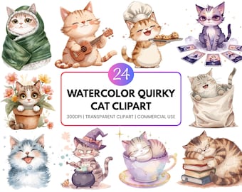 Aquarell schrullige Katze Clipart Bundle, Pastell Kawaii Illustrationen (digitaler Download)