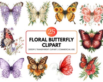 Aquarell Blumen Schmetterling Clipart Bundle, Botanischer Schmetterling PNG, Sublimationsdesign