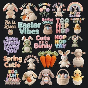 以下が含まれることがあります： 黒い背景に、イースターをテーマにしたかぎ針編みのアイテムのコレクション。ウサギ、ヒヨコ、ニンジン、卵の入ったバスケット、そして「Easter Vibes」や「Hoppy Easter」などのテキストが含まれています。パステルとクリーム色を使った、ソフトな色使いです。