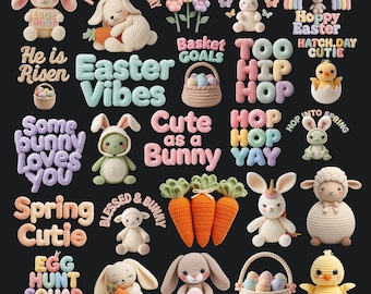 Ostern PNG Bundle - 25 gehäkelte Hasen, Küken, Frühling Clipart (High-Res)