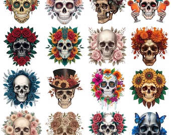 Gothic Floral Schädel PNG Bundle, Tattoo Stil Clipart (digitaler Download)