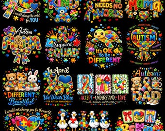 Autismus Bewusstsein PNG Bundle Kunstgarn häkeln Puzzle Band Neurovielfalt Autismus Mama Papa Lehrer Therapeut PNG Sublimation Clipart Download