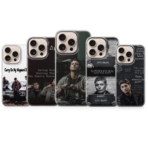 May include: Five phone cases with designs from the TV show "Supernatural." The cases show images and quotes, including "Carry On My Wayward Son" and "Saving people, hunting things, the family business." The cases have a clear border.