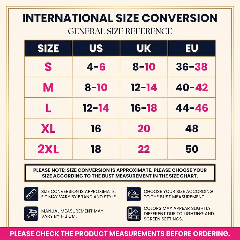 以下が含まれることがあります： 米国、英国、EUの基準でS、M、L、XL、2XLのサイズを比較した国際サイズ換算表。この表には、おおよそのサイズ、バスト測定値、手動測定のばらつき、および画面設定による色の見え方の違いに関するテキスト注記が含まれています。
