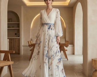 Vestido largo floral, romántico, de manga larga y escote en V, elegante y fluido, para fiesta en el jardín.