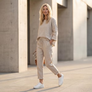 Może przedstawiać: Beżowy lniany strój składający się z topu z długim rękawem i spodni ze sznurkiem. Strój jest zestawiony z białymi trampkami i małą brązową torebką. Modelka idzie na tle betonowego tła.