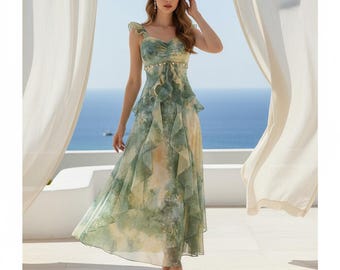 Vestido largo de gasa estilo bohemio con estampado de acuarela, falda fluida con volantes, ideal para invitadas a bodas en la playa o graduaciones.