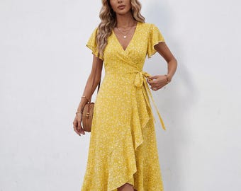 Floral Wrap Midi Dress, V Neck Ruffle Sleeve, Boho Summer Vacation Outfit