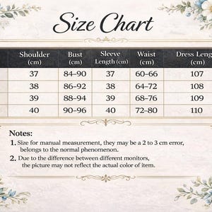 Puede incluir: Una tabla de tallas de vestidos con medidas en cent&iacute;metros. Incluye tallas de la S a la XL, con medidas de hombro, busto, manga, cintura y largo del vestido. Borde floral y texto "Size Chart".