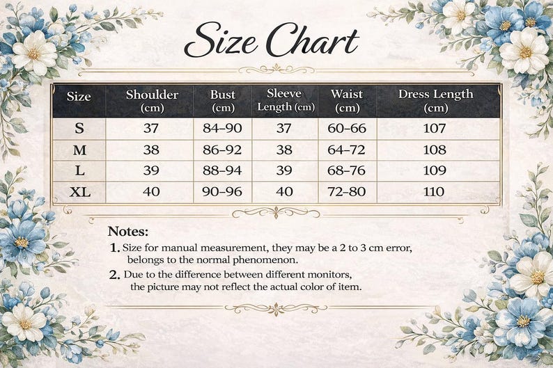 Puede incluir: Una tabla de tallas de vestidos con medidas en cent&iacute;metros. Incluye tallas de la S a la XL, con medidas de hombro, busto, manga, cintura y largo del vestido. Borde floral y texto "Size Chart".